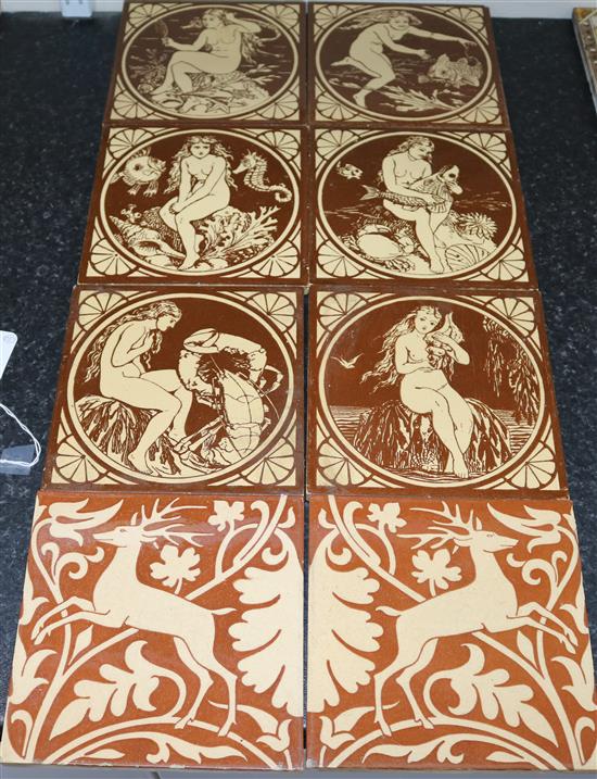 John Moyr-Smith. A rare set of six Mintons China Works water nymphs dust pressed tiles, all 6in. sq.